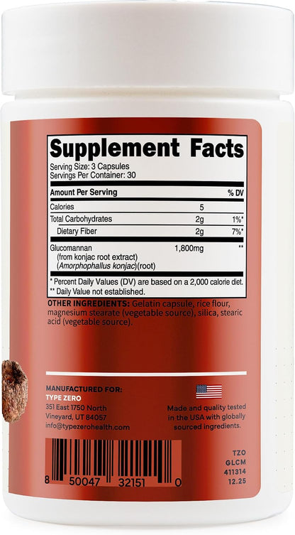 Type Zero Clean Glucomannan Konjac Root Extract (1,800mg) 90 Capsules | Gluten-Free, GMO-Free, 30 Servings