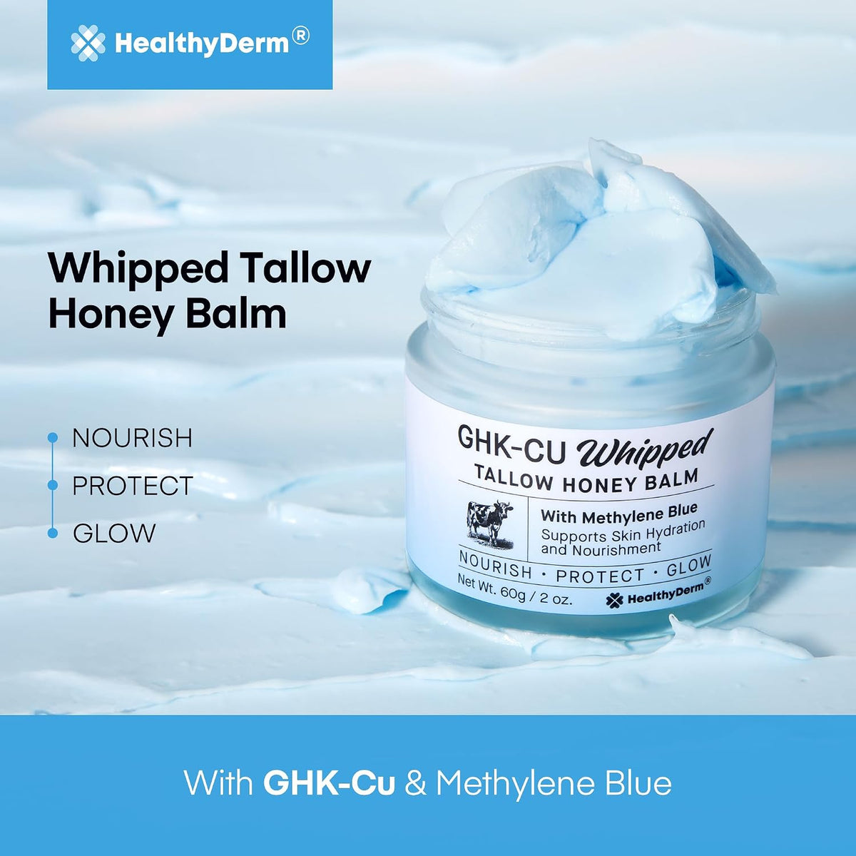 HealthyDerm Copper Peptides GHK-Cu Beef Tallow for Skin: Blue Balm with Methylene Blue, Manuka Honey & Vitamin E – Natural Face and Body Moisturizer for Mature, Dry & Sensitive Skin – 2oz