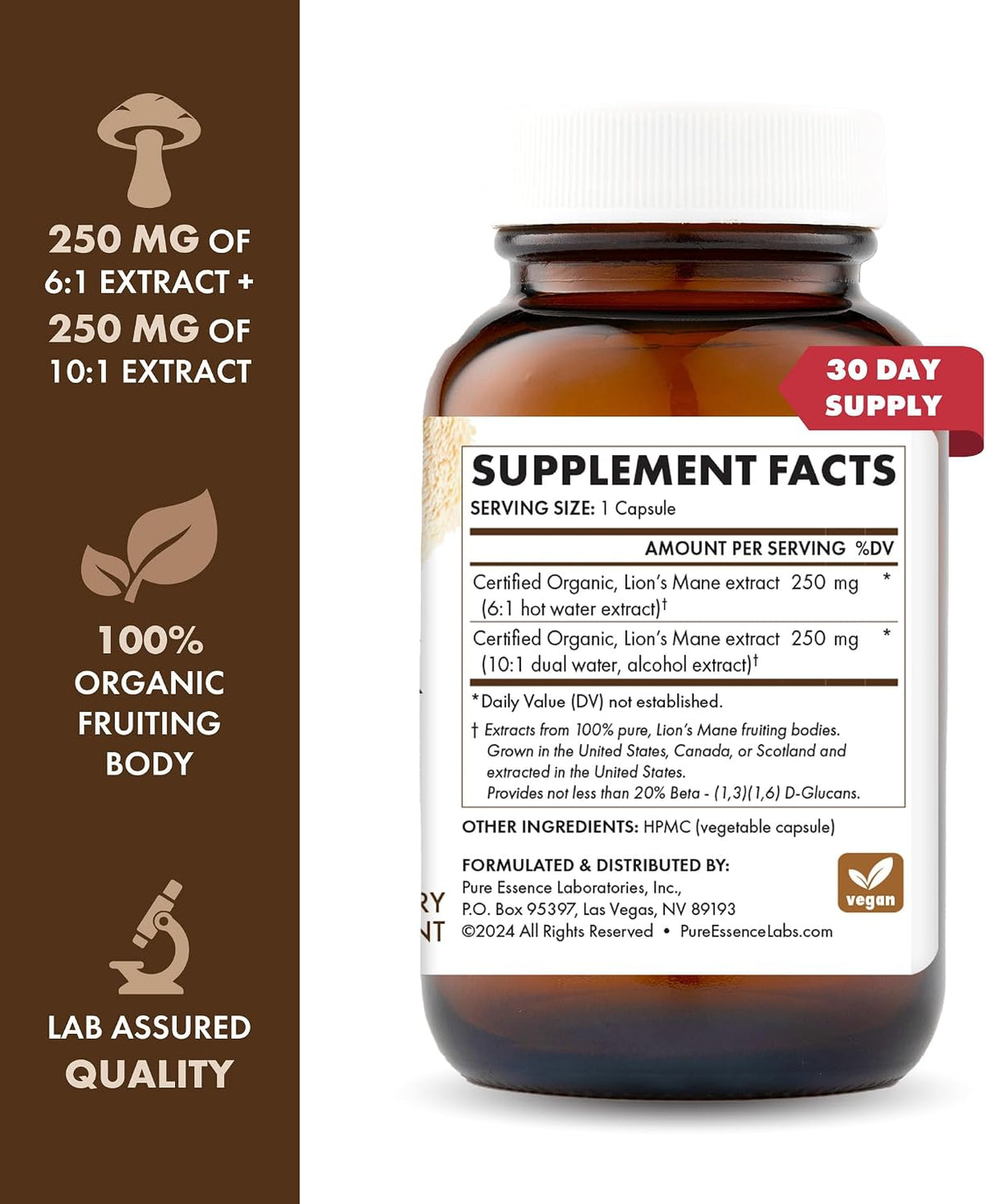 PURE ESSENCE LABS MyPure Lion's Mane 8X - Max Strength Brain Support with 100% Fruiting Body Organic Lion's Mane for Ultimate Cognitive Performance, Focus, and Mental Clarity, 60 Capsules