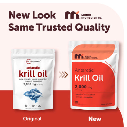 Micro Ingredients Antarctic Krill Oil Supplement 2,000mg Per Serving, 240 Softgels | Omega-3 EPA & DHA with Phospholipids & Natural Astaxanthin | No Fishy Aftertaste | Non-GMO, Gluten Free