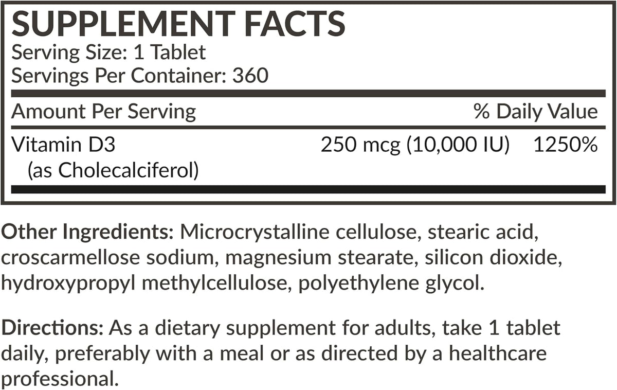 Futurebiotics Vitamin D3 10,000iu (250mcg) 360 Day Supply for Healthy Muscle Function and Immune Support, Non-GMO, 360 Tablets