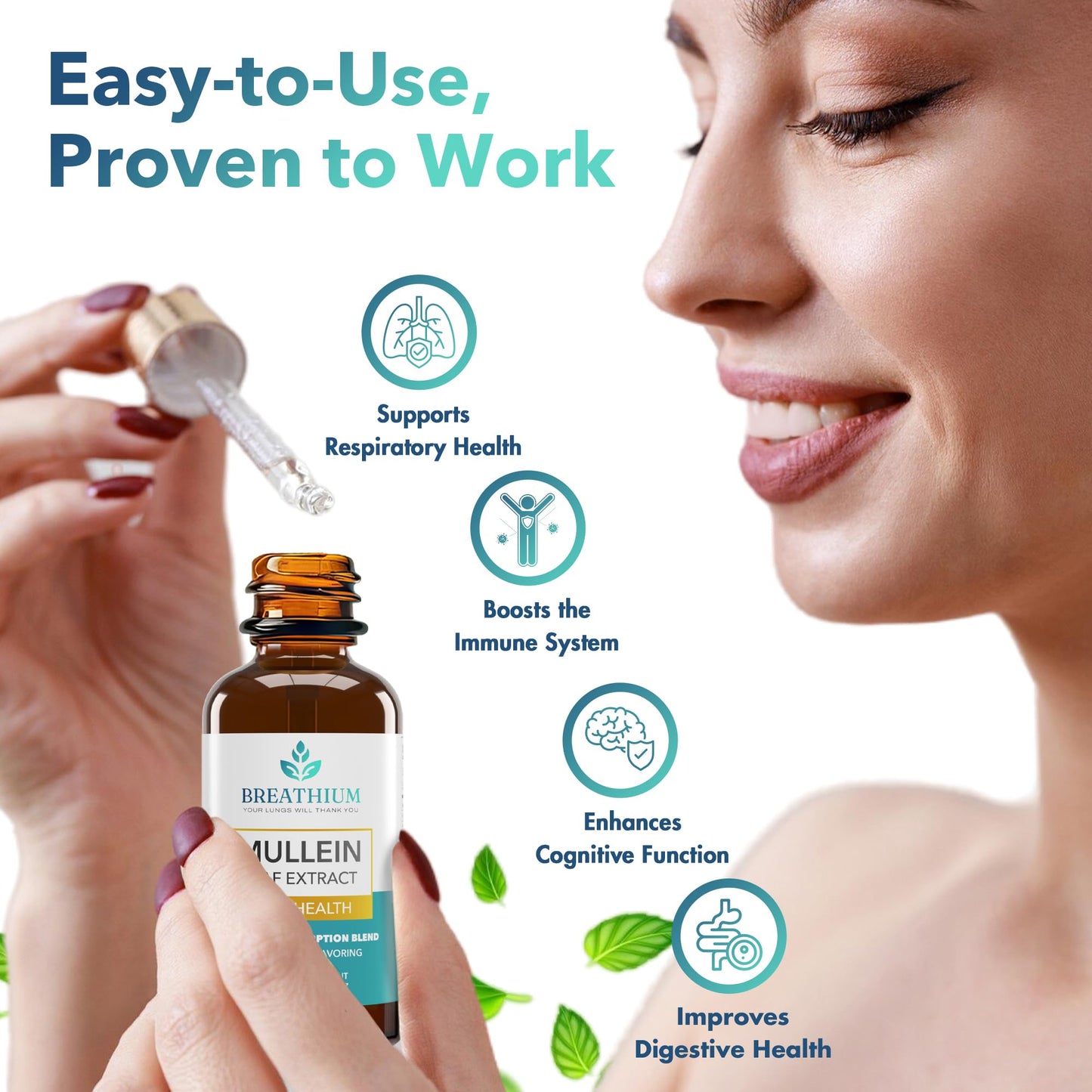 BREATHIUM 4-in-1 Mullein Drops for Lungs & Gut Health – Liposomal Mullein Leaf Extract, Made in USA, Natural Lung Detox for Smokers + Immune, Digestive
