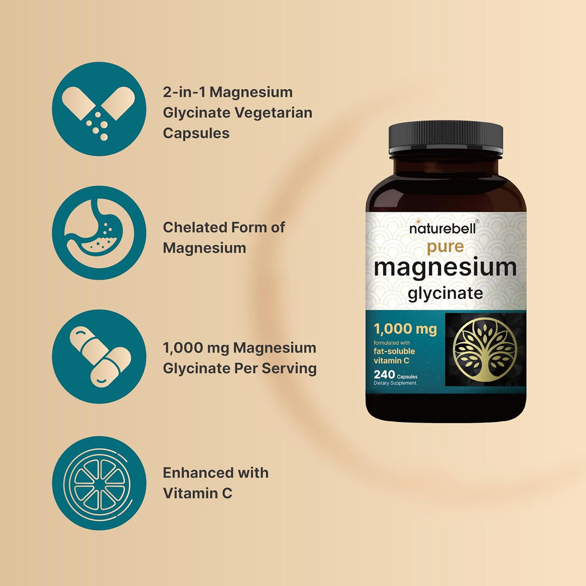 NatureBell Pure Magnesium Glycinate 1,000 mg, 240 Vegetarian Capsules | 1,000 mg Magnesium Glycinate Per Serving - Chelated Magnesium Form with Vitamin C – Non-GMO, Filler Free, cGMP Manufactured