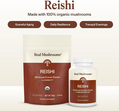 Real Mushrooms Reishi Mushroom Powder - Handpicked Organic Mushroom Extracts - Red Reishi for Tranquil Daily Wellness with Verified Beta Glucans Vegan, Non-GMO, No Grain Fillers, 45 Servings