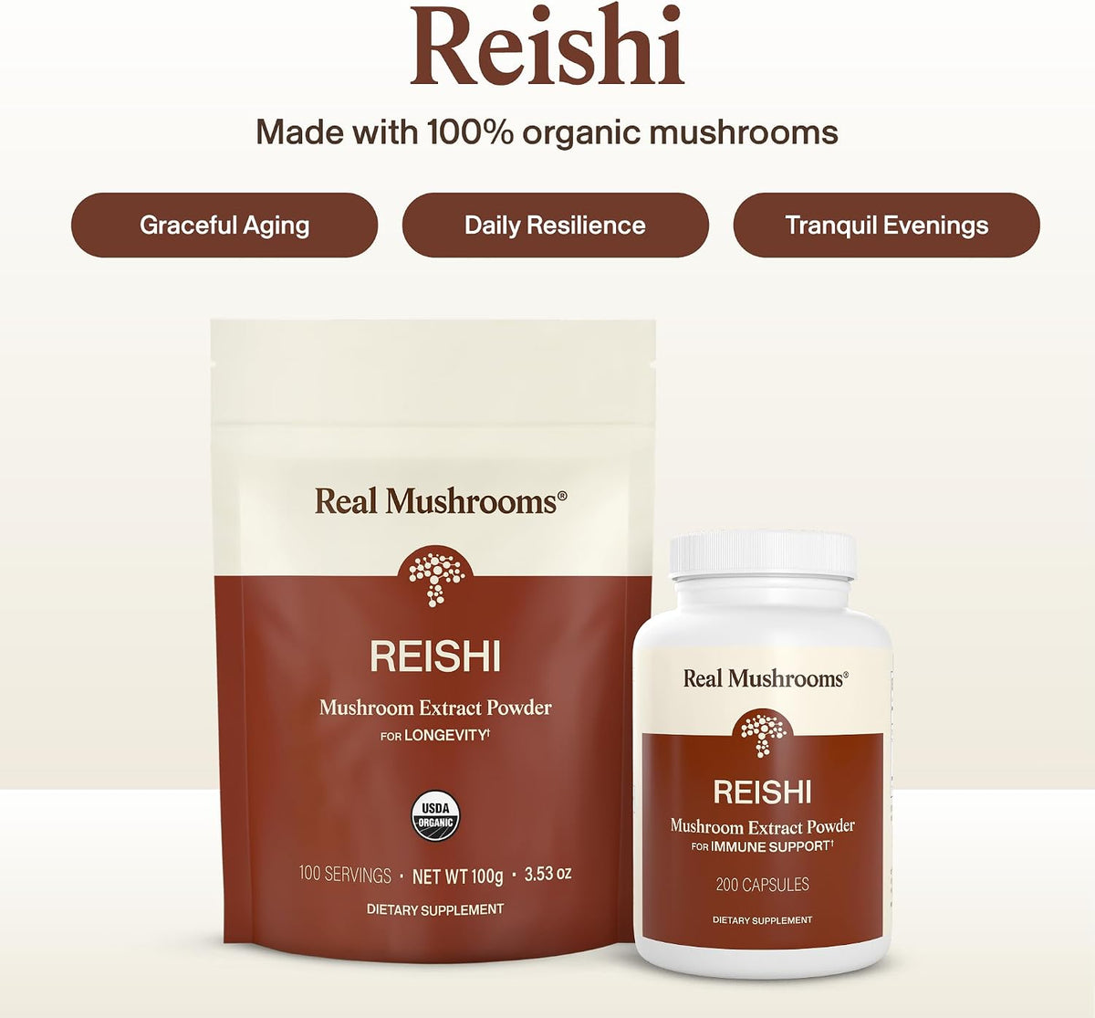 Real Mushrooms Reishi Mushroom Capsules - Handpicked Organic Mushroom Extracts - Red Reishi for Tranquil Daily Wellness with Verified Beta Glucans Vegan, Non-GMO, No Grain Fillers, 200 ct