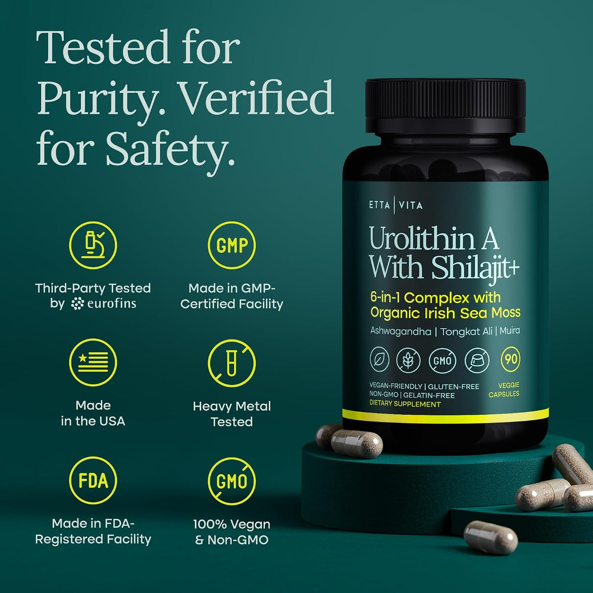 Urolithin-A Complex with Shilajit, Sea Moss, Ashwagandha & Tongkat Ali 90Ct | Urolithin a supplement, supports natural energy, hormone balance, focus & cellular health, vegan, non-GMO, made in USA