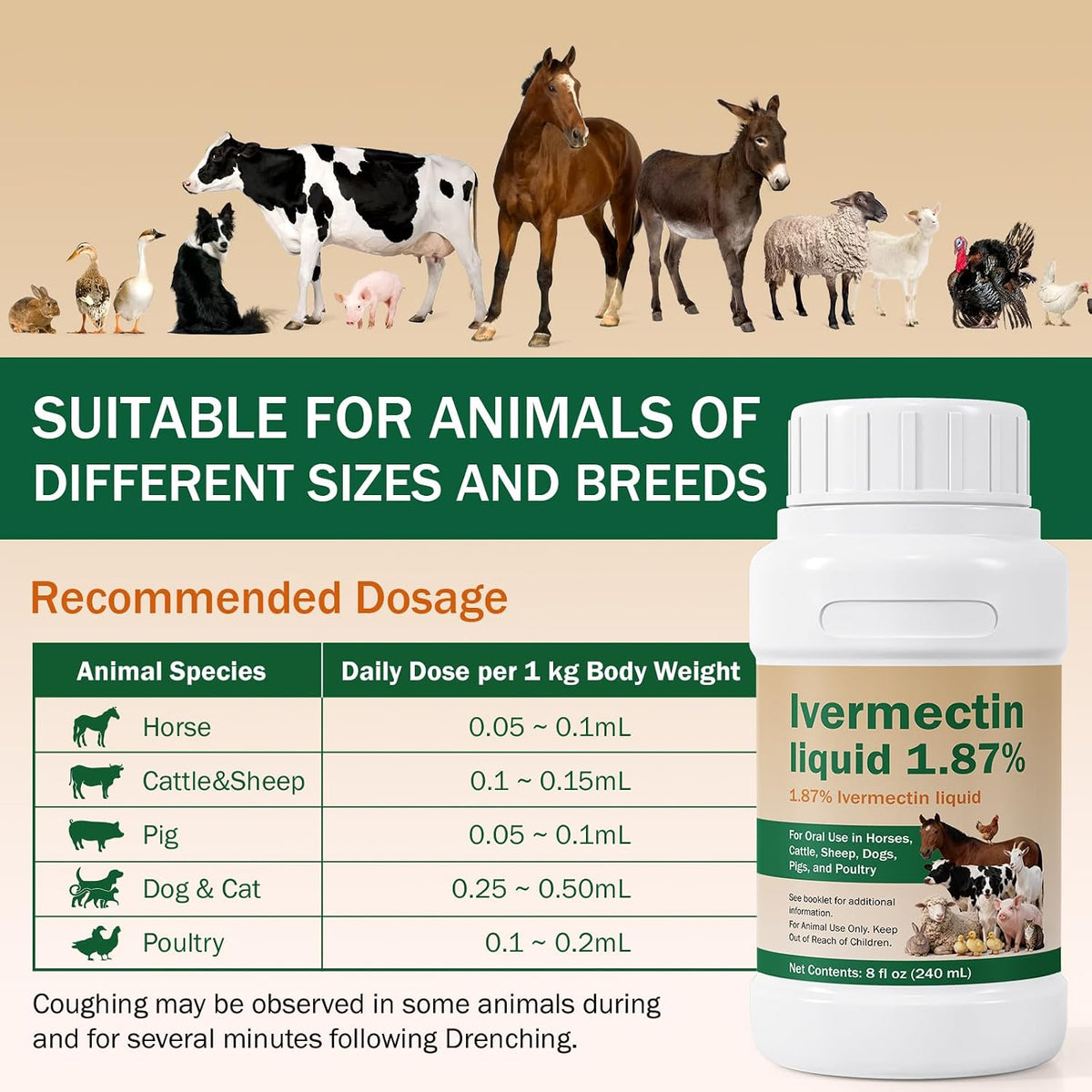 Ivermectin Solution for Sheep, Poultry & More, 240ml Ivermectin | Gut Health, Promotes Immune & Digestive Support
