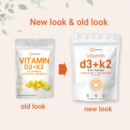 Micro Ingredients Vitamin D3 + K2 MK-7 5,000 IU Per Serving, 300 Softgels | K2 100 mcg Per Serving, D3 & K2 Vitamin Supplement for Women & Men. Easy-to-Swallow, Non-GMO, Gluten Free.