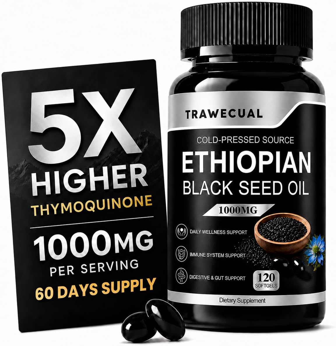 Ethiopian Black Seed Oil Softgels, 120 Count, 1000mg Cold Pressed | 4.64% Thymoquinone, Digestive & Immune Support, Non-GMO, Gluten-Free, Vegan, Black Cumin Seed Oil Softgels, 60 Day Supply