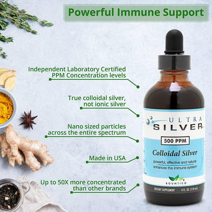 Ultra Silver® Colloidal Silver | 500 PPM, 4 Oz (118mL) | Mineral Liquid Supplement | True Colloidal Silver - with Dropper