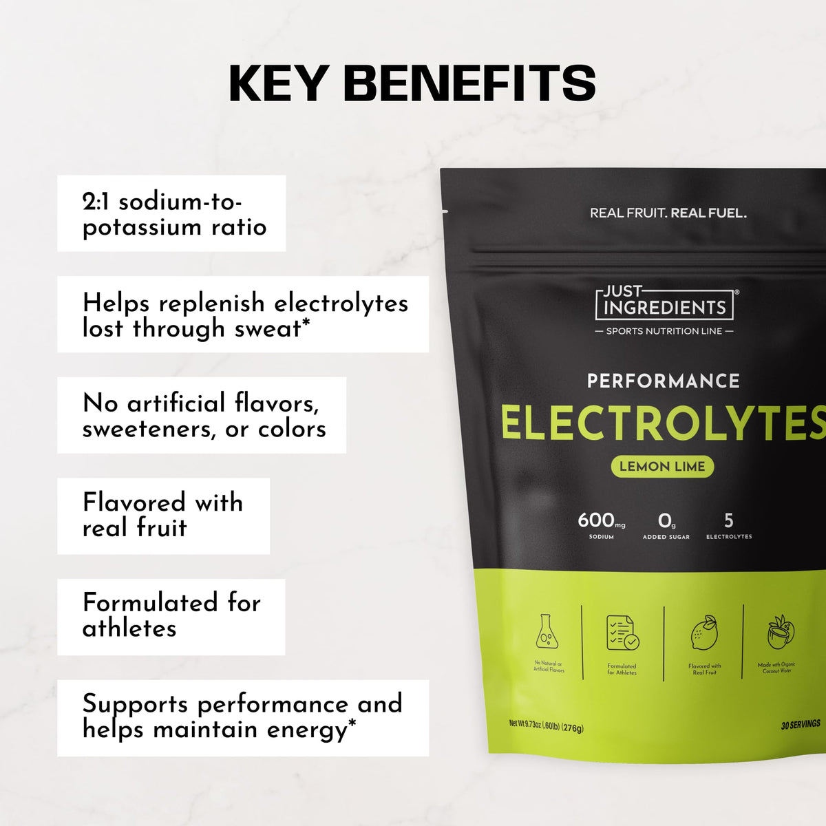 JUST INGREDIENTS Performance Electrolytes Powder Lemon Lime, 600mg Sodium with Organic Coconut Water, 30 Servings, Naturally Sweetened with Monk Fruit and Stevia, Flavored with Real Fruit, Non-GMO