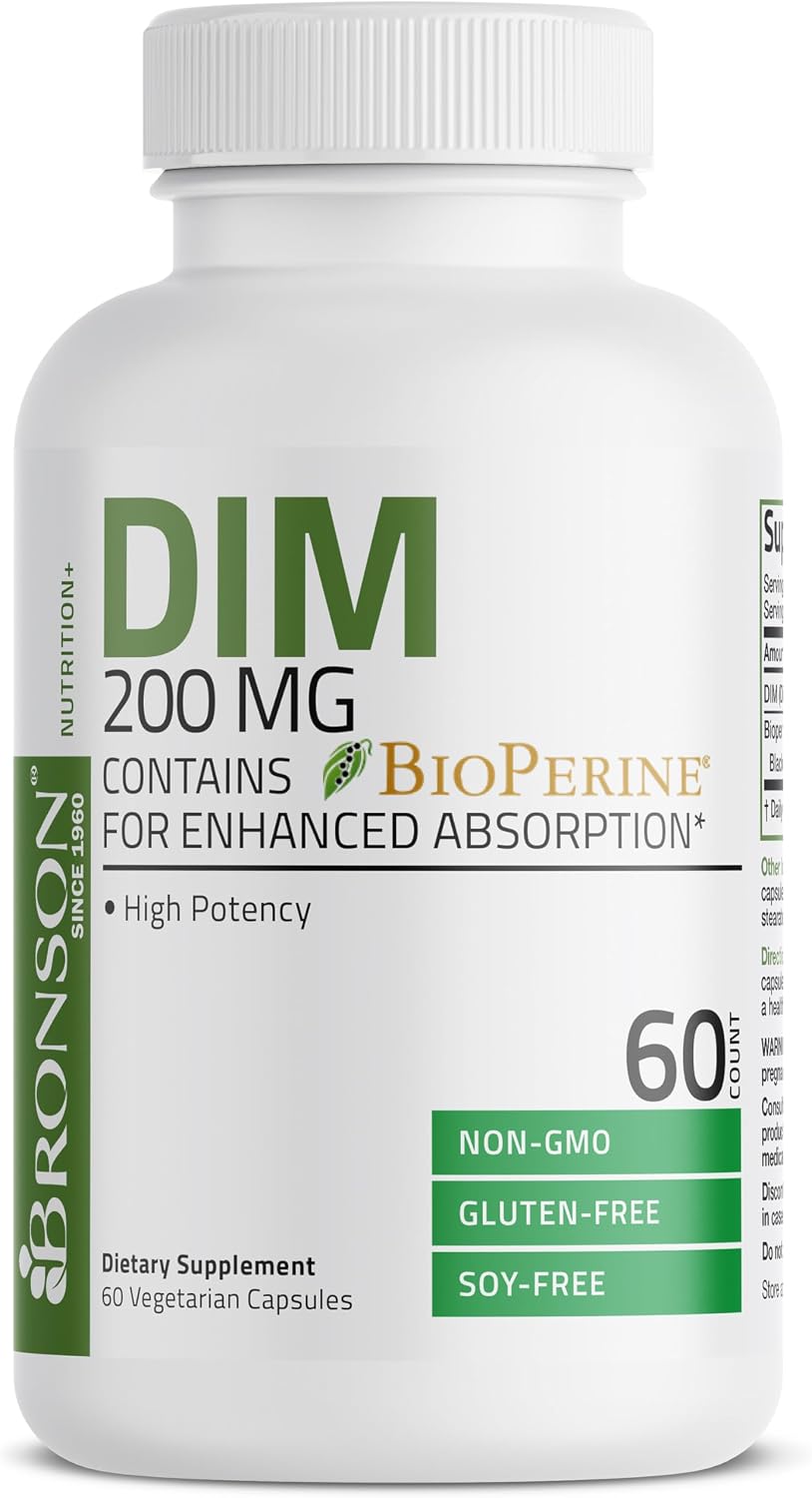 Bronson DIM 200 MG Supplement Diindolymethane with BioPerine for Enhanced Absorption, Estrogen Metabolism & Maintains Balanced Hormone Levels, 60 Vegetarian Capsules
