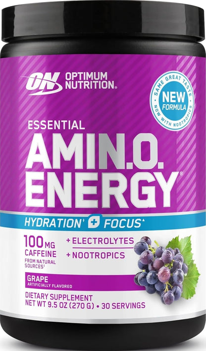 Optimum Nutrition Amino Energy Powder Plus Focus, Electrolytes, and Caffeine, Grape, 30 Servings