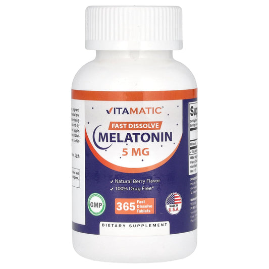 Vitamatic Melatonin 5 mg Tablets | Vegetarian, Non-GMO, Gluten Free | 1 Year Supply | Natural Berry Flavor - 365 Tablets