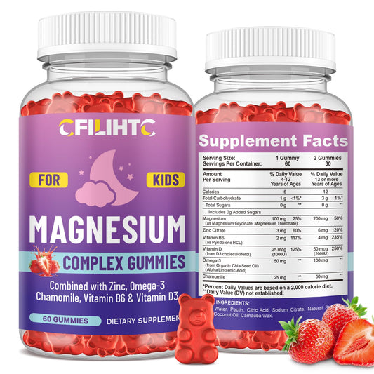 Kids Magnesium Gummies-Magnesium Glycinate Gummies for Kids Supplement-w/Zinc, Chamomile, Omega-3, Vitamin B6, D3 - for Sleep, Relaxation, Brain, Bones, Children's Calm, Sugar Free Strawberry 60ct CFILIHTCBuy Supplements Australia