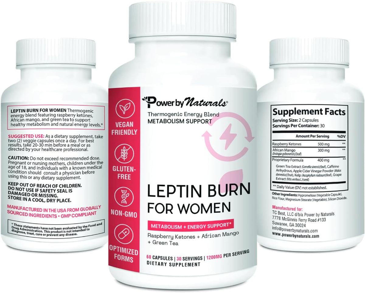 Power By Naturals LeptinBurn for Women – Weight Management Support with Green Coffee Bean, Garcinia & Green Tea Extract – Gluten-Free, Non-GMO, Vegan – 60 Capsules (1-Month Supply)