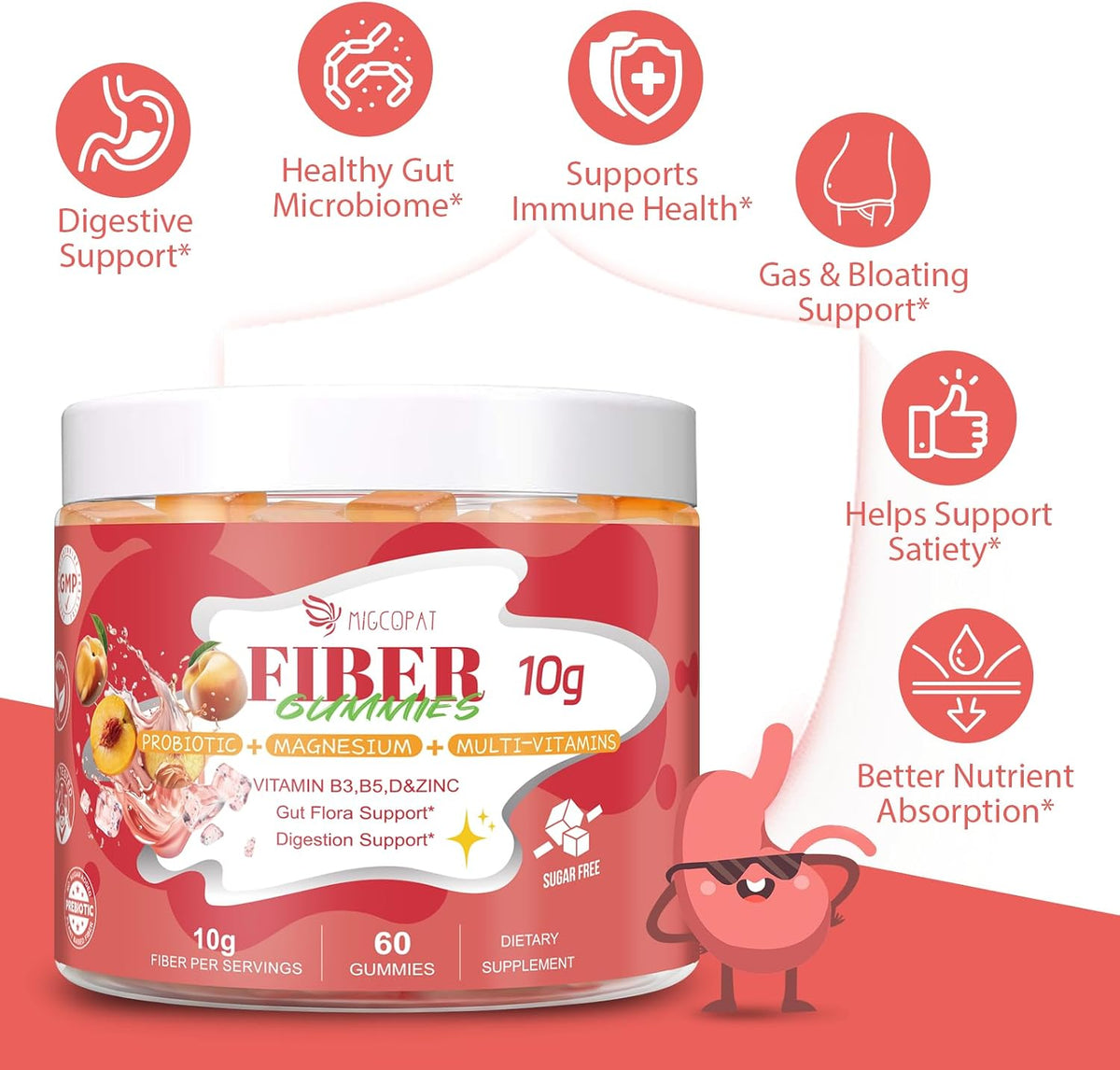 Migcopat 10G Fiber Gummies for Adults, with Probiotics & ACV, 30 Billion CFU, Prebiotic Inulin & Chicory Root, Vitamins C, D3, B3, B5, Magnesium, Zinc – Digestive & Gut Health, No Sugar, 60 Count