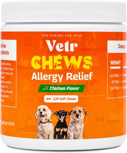 Vetr Allergy Relief Chews for Dogs - Dog Itching Skin Relief, Dog Allergy Treats with Probiotics and Omega-3 - Chicken Flavored 120 Count - Vet-Formulated in USA