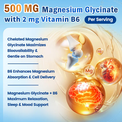 Pure Magnesium Glycinate 500mg, Magnesium Supplement with Vitamin B6 for High Absorption, Supports Stress Relief, Sleep, Muscle, Calm, Relaxation, Nerves* & Metabolism*, Non-GMO, 240 Vegan Capsules