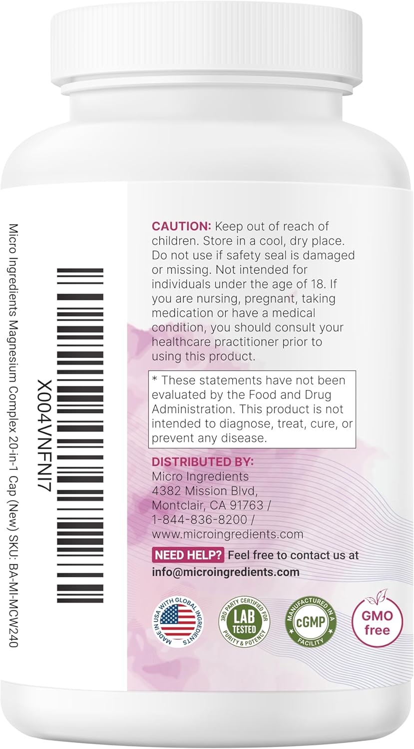 Micro Ingredients Magnesium Complex for Women, 240 Veggie Capsules | 20-in-1 with Glycinate, Citrate & More + D3, K2, Methylated B Complex, Biotin, Inositol & Ashwagandha. Filler Free, Non-GMO.