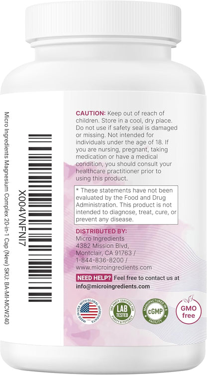 Micro Ingredients Magnesium Complex for Women, 240 Veggie Capsules | 20-in-1 with Glycinate, Citrate & More + D3, K2, Methylated B Complex, Biotin, Inositol & Ashwagandha. Filler Free, Non-GMO.