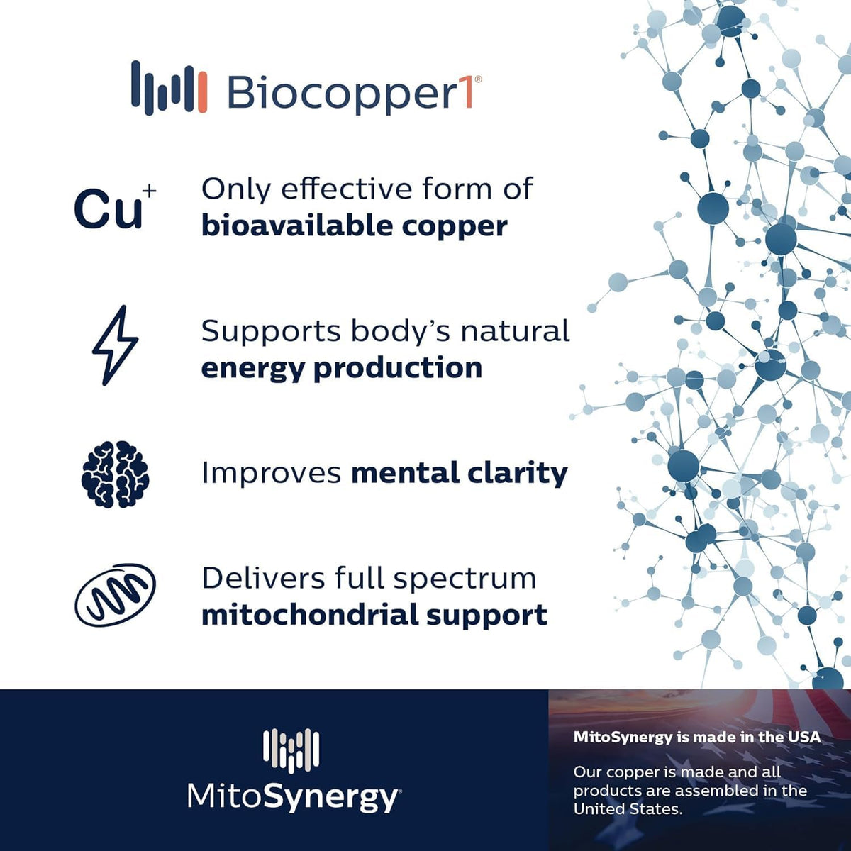 MitoAdvanced BioCopper1 Cu1 (Cunermuspir) - Bioavailable Copper Mitochondrial Cocktail with Coq10, Thiamin, Ribose, Folate, Choline and Pantothenic Acid - Anti-Aging, Anti-Graying - 120ct