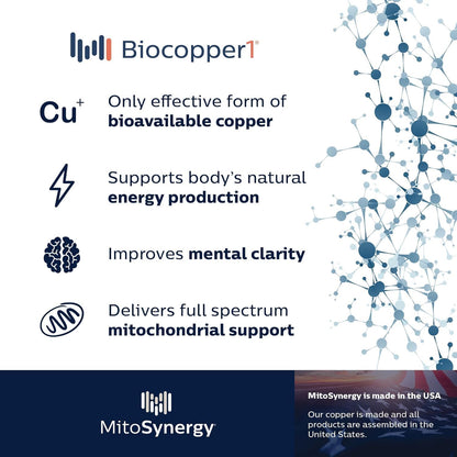 MitoAdvanced BioCopper1 Cu1 (Cunermuspir) - Bioavailable Copper Mitochondrial Cocktail with Coq10, Thiamin, Ribose, Folate, Choline and Pantothenic Acid - Anti-Aging, Anti-Graying - 120ct