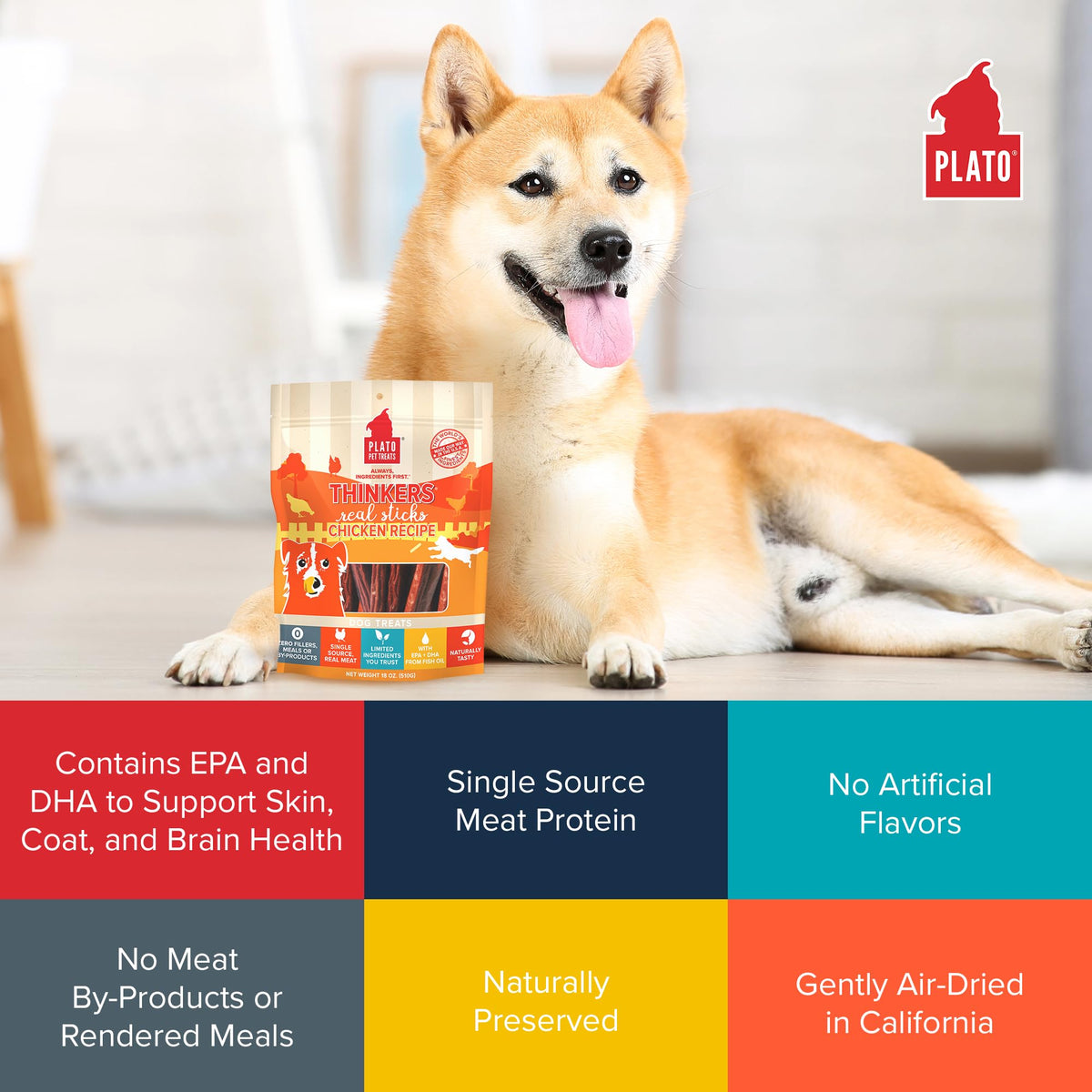 Plato Meat Sticks Salmon Dog Treats, Air-Dried High-Protein Soft Chews with Omega Fish Oil (EPA & DHA), 10 oz