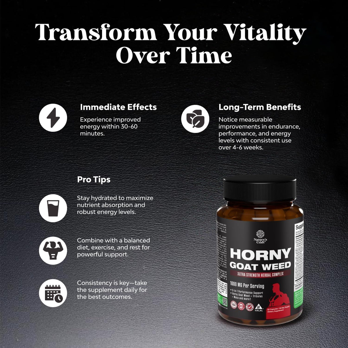 Horny Goat Weed for Men - Extra Strength Male Supplement with Black Maca Root, Tongkat Ali, Saw Palmetto & Panax Ginseng Extract for Stamina & Energy - 60 Count