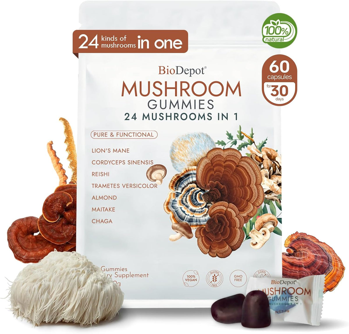 24 in 1 Mushroom Brain Supplement Gummies for Boost Focus & Immune System, Memory & Energy Support, Coffee Alternative, Lions Mane Gummie for Kids and Adults, 60 Gummies