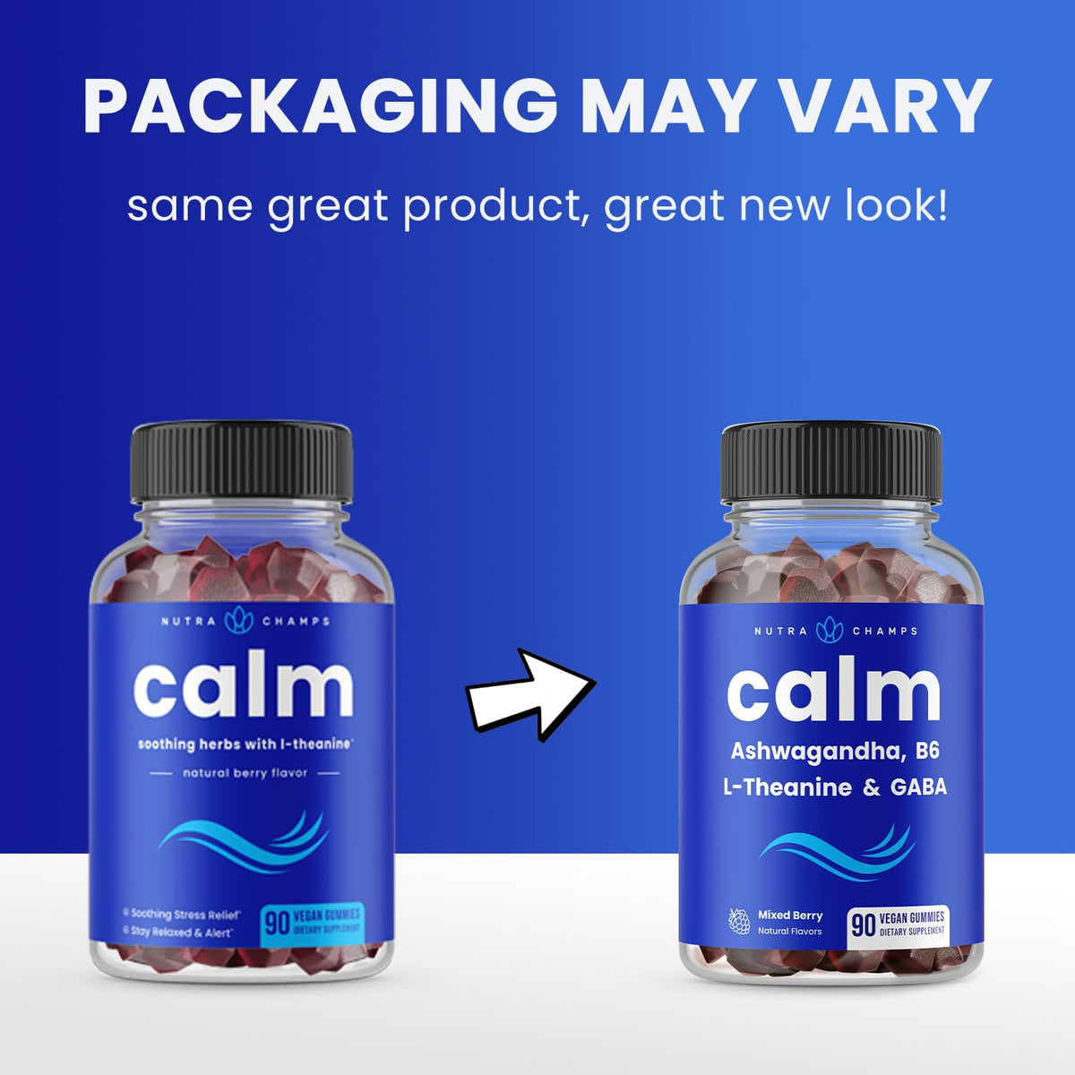 NutraChamps Calm Gummies, Stress Gummies Supplement with Ashwagandha, L-Theanine, GABA, Vitamin B6 & Lemon Balm, Supports Mood, Focus & Stress Relief, Natural Berry, 90 Gummies