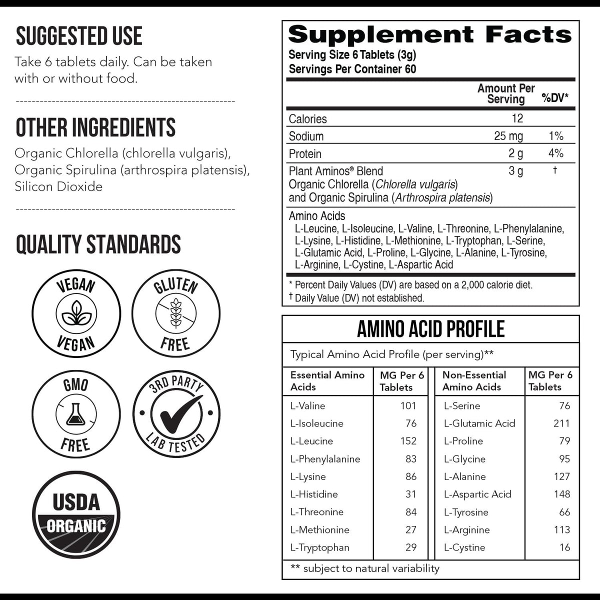 Plant Aminos Organic Essential Amino Acid Supplement (EAAs) & BCAA - 100% Plant-Based Raw, Vegan - All 9 Essential Amino Acids with 18 Total Amino Acids (360 Tablets)