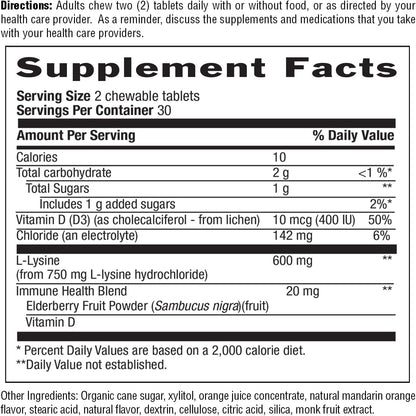 Country Life Chewable L-Lysine 600 mg with Vitamin D, 60 Tablets