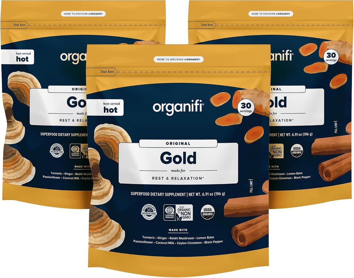 Organifi: Gold - Superfood Supplement Powder- 90 Servings (3 Pack) - Stress Support, Better Rest, Relaxation and Promotes Restful Sleep - Turmeric and Reishi Infused
