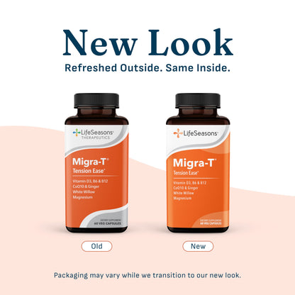 LifeSeasons Migra-T Tension Ease – Headache & Migraine Support Supplement with Feverfew, White Willow, Magnesium, CoQ10 & Ginger – Tension, Light Sensitivity & Nervous System Balance - 90 Capsules