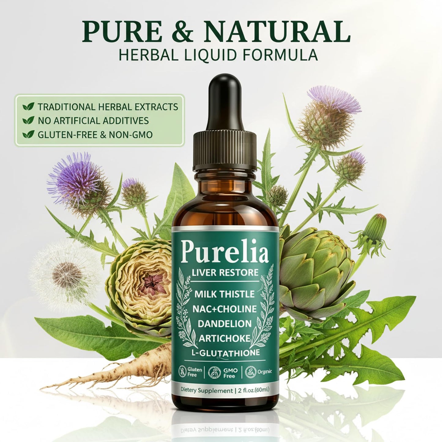 Purelia Liver Restore, 2.02FL OZ Liver Restore Drops, Complete Liver Support Supplement with Milk Thistle, Dandelion Root, L-Glutathione & Choline for Natural Balance & Liver Cleanse