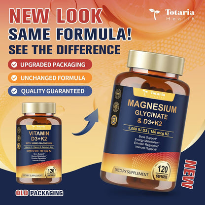 9-in-1 Magnesium Glycinate 500mg + Vitamin D3 5000 IU & K2 Complex - High Absorption - Healthy Stress, Sleep, Muscle Function, Bone Health & Energy Supports | Non-GMO, Gluten-Free 120 Softgels