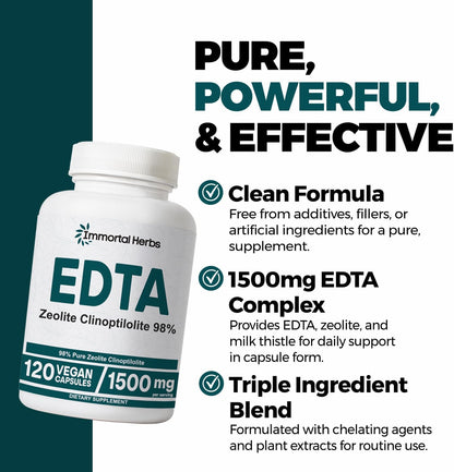 EDTA Capsules 1500mg with Zeolite 98% and Milk Thistle, 120 Pills, Non-GMO & Gluten Free Calcium Disodium EDTA Supplement