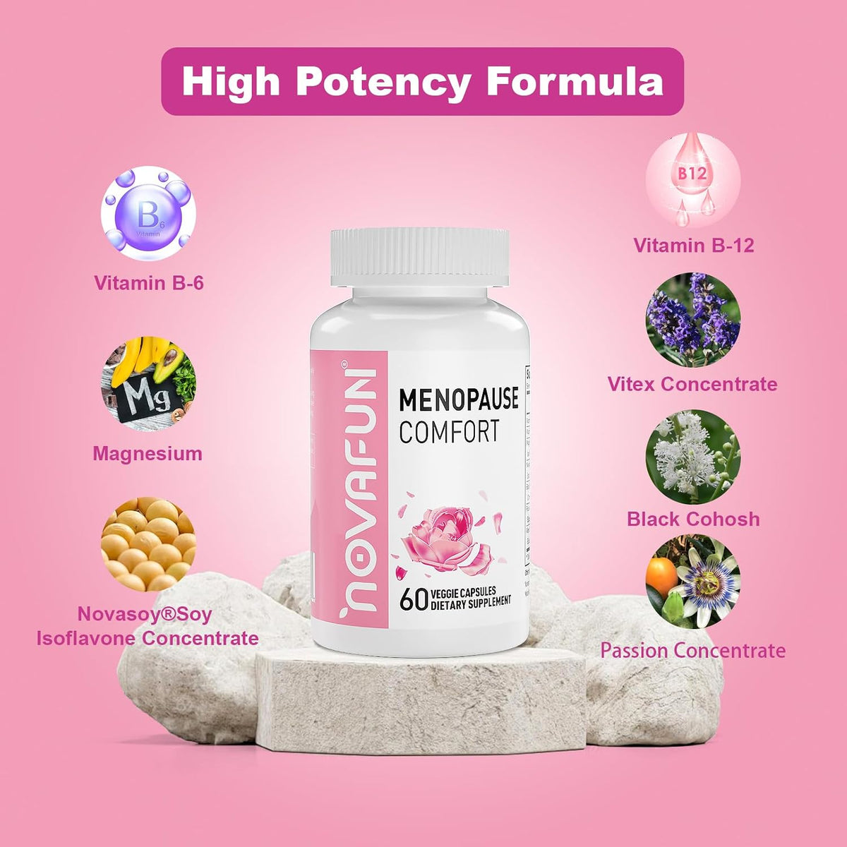 Menopause Relief Capsules for Women, Novasoy Soy Isoflavone, Black Cohosh, Passion Flower, Vitex, Vitamin B6, Vitamin B12, Magnesium, 60 Count