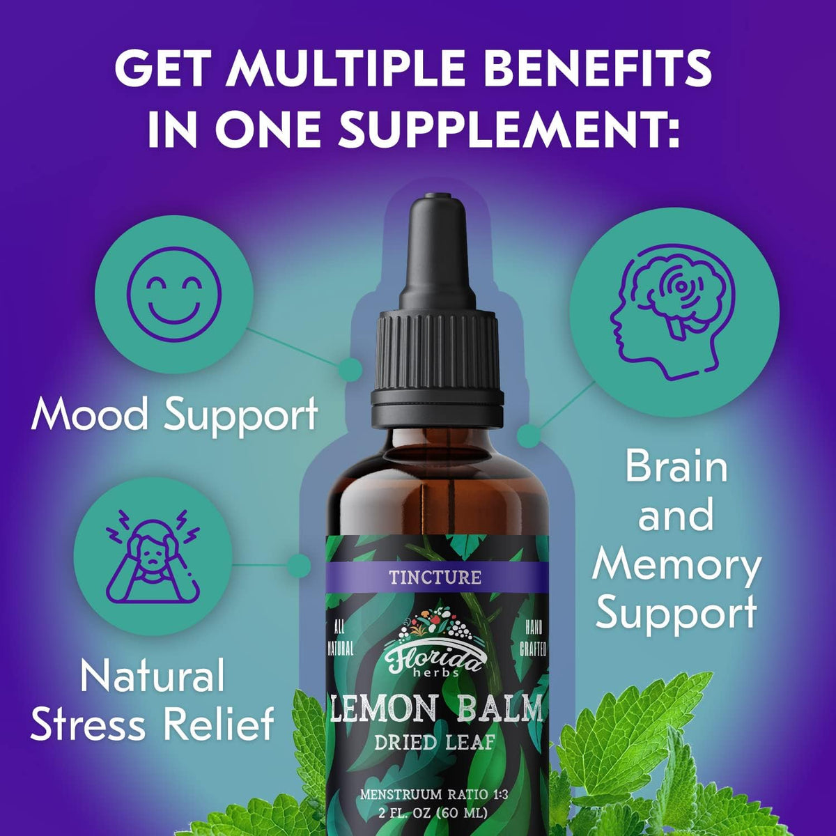 Lemon Balm Tincture 2 oz – Organic Herbal Extract | Alcohol Free | Vegan Herbal Drops