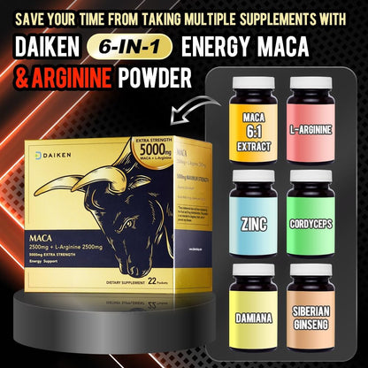DAIKEN Family Bundle: Kids Fish Oil Omega-3 Gummies (300mg DHA/EPA + D3) & Extra Strength Maca Root Powder (6:1 Extract, Equiv. to 15,000mg Raw Maca) with L-Arginine - 30ct + 22pkts