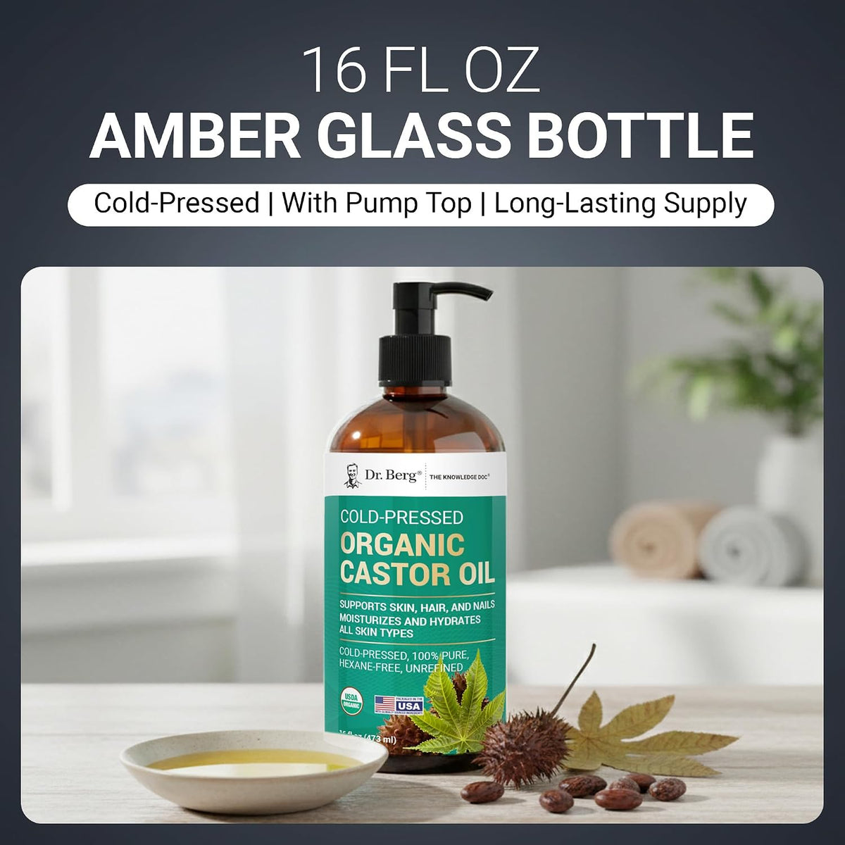 Dr. Berg Organic Castor Oil – 16 fl oz Cold-Pressed Oil – Pure, Unrefined, Single Ingredient – Sourced in India, Bottled in USA – Lab Tested, USDA Organic, Glass Bottle