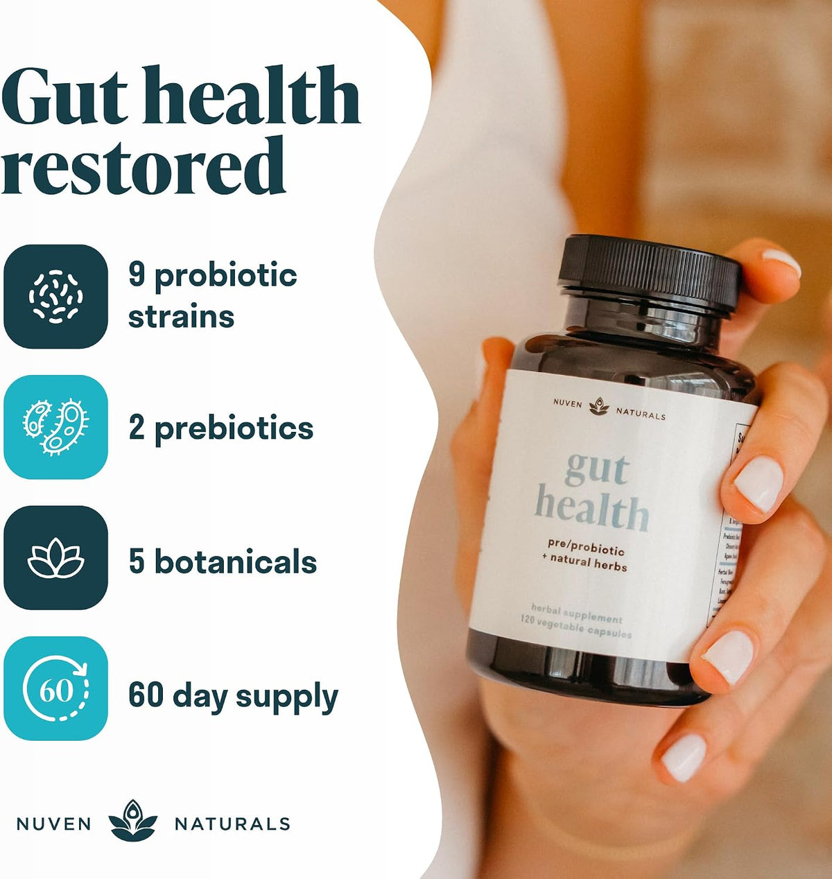 Nuven Naturals All-in-One Gut Health w/Probiotics, Prebiotics, Digestion-Supporting Herbs, and Adaptogens - Leaky Gut Repair Formula to Support Gut Lining, Aid in Digestion, and Promote Good Bacteria | Gut Health for Women & Men to Support Digestive Healt