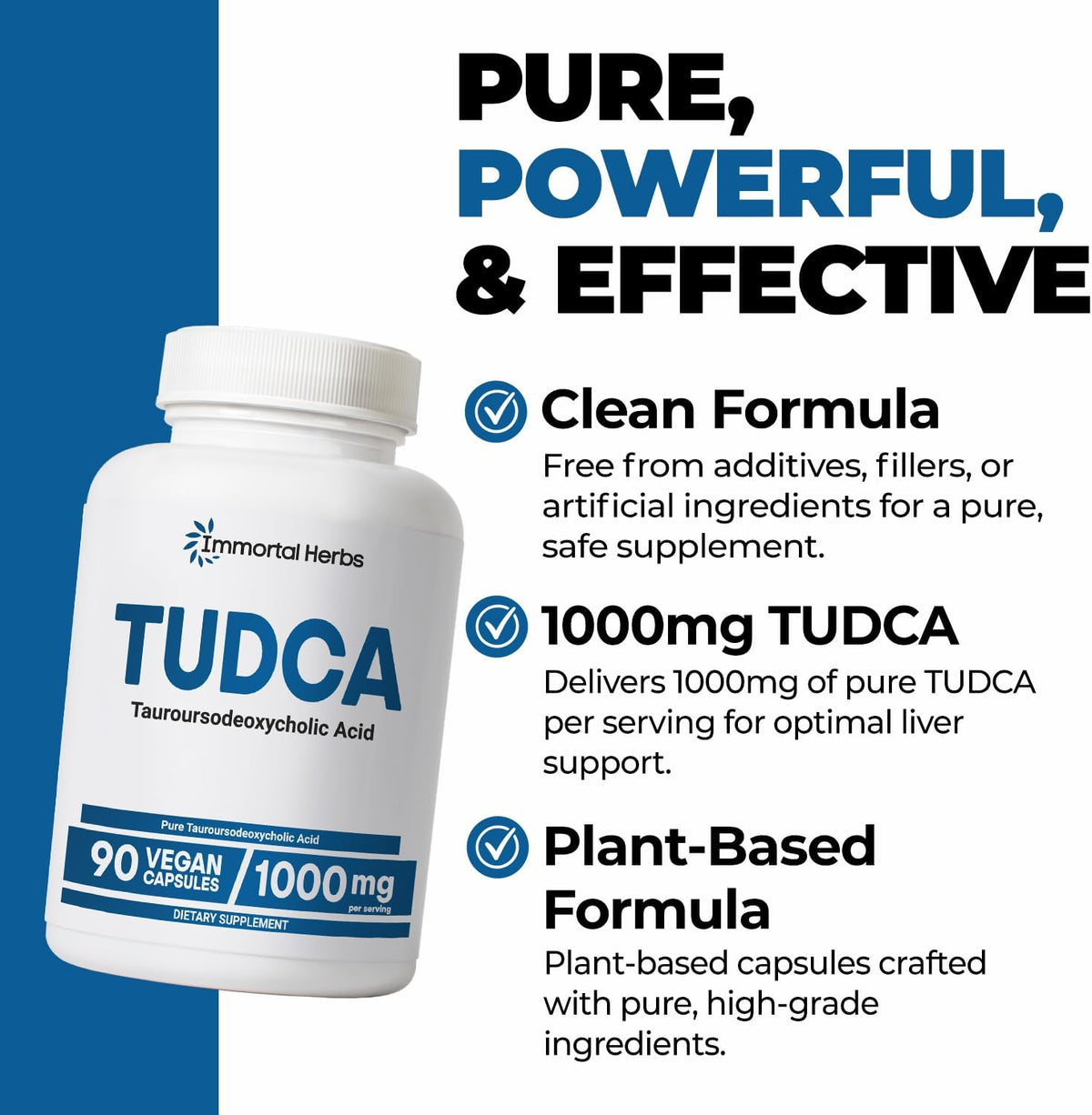 TUDCA Supplement 1000mg, Tauroursodeoxycholic Acid Bile Salts, 90 Vegan Capsules, Non-GMO & Gluten Free Formula TUDCA Powder Capsules
