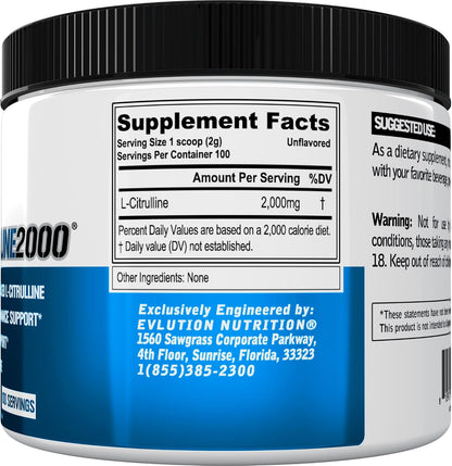 L-Citrulline2000 Nitric Oxide Pre Workout Powder - Evlution Nutrition High Strength L Citrulline Powder for Enhanced Muscle Strength and Intense Pumps - Plant Based Nitric Oxide Booster - Unflavored