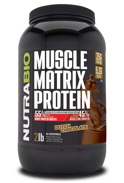 NutraBio Muscle Matrix Protein Powder - 25g of Protein Per Scoop - Whey Isolate and Micellar Casein Combo for Fast and Slow Release - Dutch Chocolate - 2 Pounds, 28 Servings