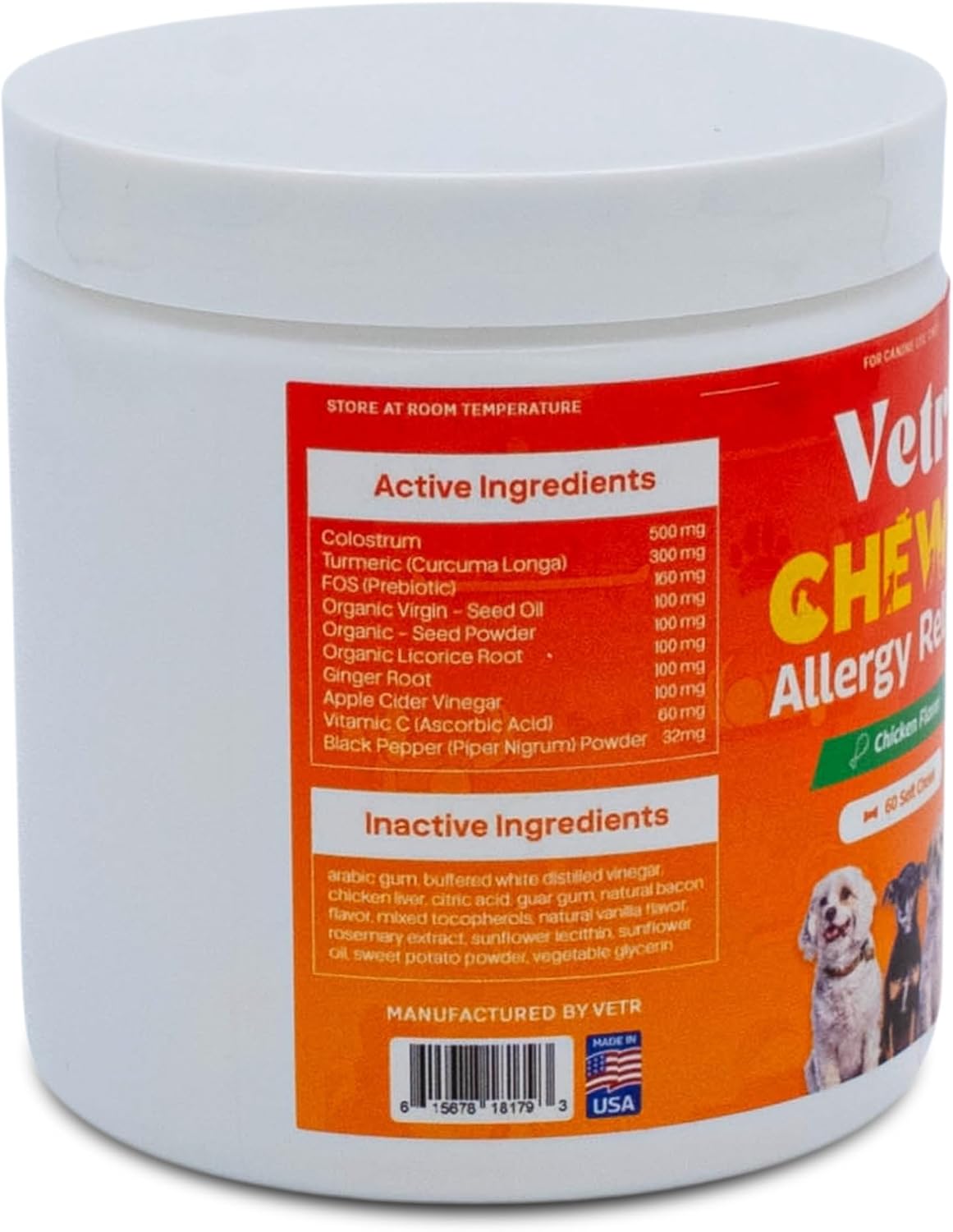 Vetr Allergy Relief Chews for Dogs - Dog Itching Skin Relief, Dog Allergy Treats with Probiotics and Omega-3 - Chicken Flavored 60 Count - Vet-Formulated in USA