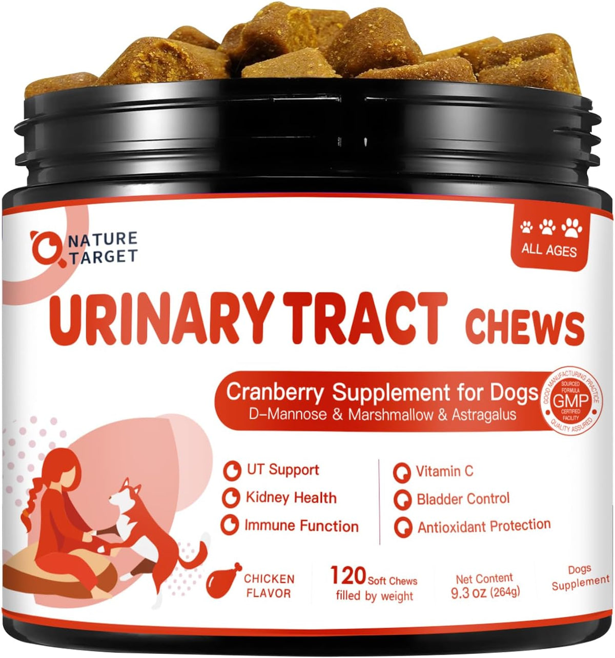 NATURE TARGET Dog UTI Treatment, Cranberry Supplement for Dogs 120 Chews | Urinary Tract & Bladder Support with D-Mannose, Marshmallow, Astragalus – Vet Formulated Immune & Kidney Support – Chicken