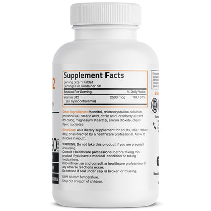 Vitamin B12 2500mcg Shot of Energy Fast Dissolve Chewable Tablets - Quick Release Cherry Flavored Sublingual B12 Vitamin - Supports Nervous System, Healthy Brain Function Energy Production – 90 Count