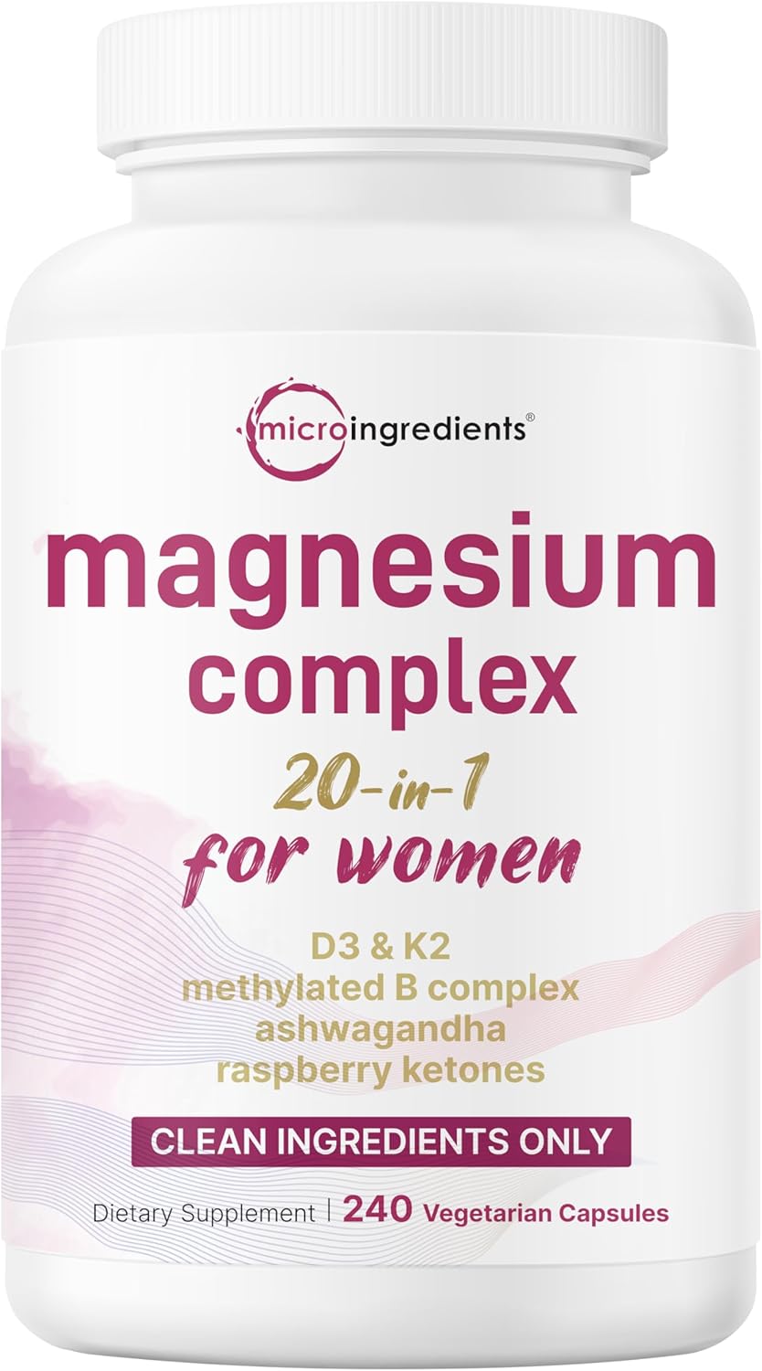 Micro Ingredients Magnesium Complex for Women, 240 Veggie Capsules | 20-in-1 with Glycinate, Citrate & More + D3, K2, Methylated B Complex, Biotin, Inositol & Ashwagandha. Filler Free, Non-GMO.